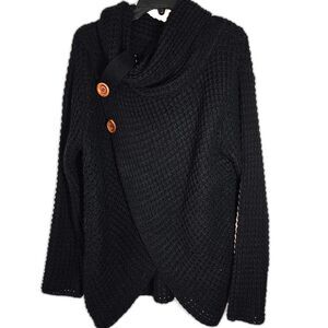 ZENANA Chunky Waffle Knit Cowl Neck Oversized Button Accent Sweater Large